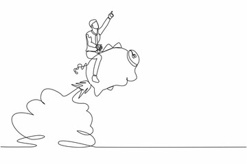 Poster - continuous one line drawing businessman riding piggy bank rocket flying in the sky. saving money con
