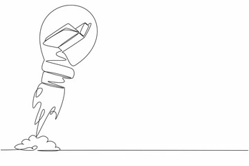 Poster - Single continuous line drawing open book launching with light bulb. Reading and learning power logo. Imagination, inspiration, fantasy. School graduation. One line graphic design vector illustration