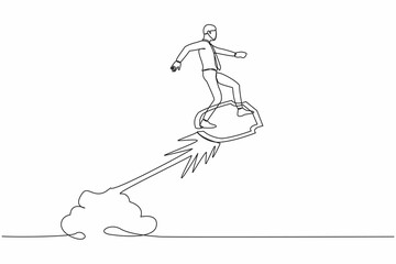 Poster - Continuous one line drawing of active businessman riding shield rocket flying in the sky. Business attack protection security and insurance concept. Single line draw design vector graphic illustration
