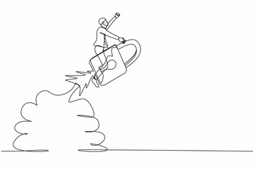 Poster - single one line drawing of businessman riding padlock rocket flying in the sky. improve startup busi
