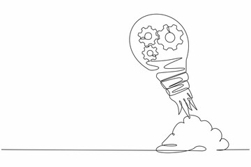 Poster - Continuous one line drawing gear launching with light bulb. Fixing economic engine to bring back income to system, adjustment to increase productivity. Single line design vector graphic illustration