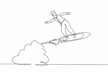 Poster - Single one line drawing businessman riding surfing board rocket flying in the sky. Successful trader on peak of profitability. Business success. Continuous line draw design graphic vector illustration