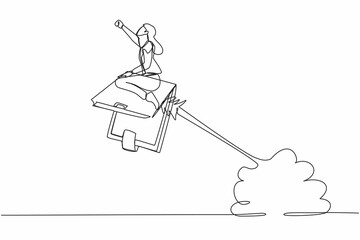 Poster - Single one line drawing businesswoman riding wallet rocket flying in the sky. Launch new digital wallet startup. Business financial activities. Continuous line draw design graphic vector illustration