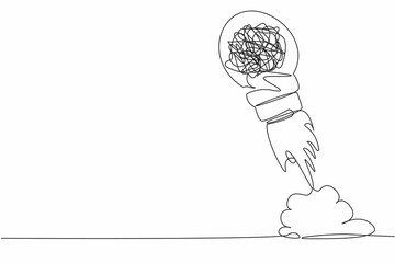 Poster - Single continuous line drawing messy line launching with light bulb. Searching and thinking of idea through a complicated and chaotic way. Mind and brain work. One line draw design vector illustration