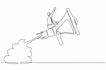 Poster - Single continuous line drawing businessman riding megaphone rocket flying in the sky. Fast communication, business soft skill to communicate with team or customer. One line design vector illustration