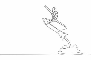 Poster - single continuous line drawing businesswoman riding open book rocket flying in sky. launch new libra