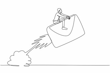 Poster - Continuous one line drawing businessman riding paper envelope rocket flying in the sky. Launch project. Social media, news, email, web development concept. Single line draw design vector illustration