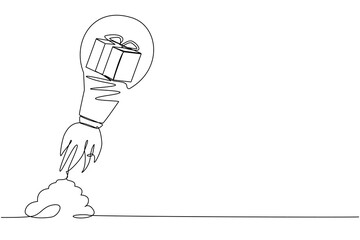 Poster - Single one line drawing of gift box launching with light bulb. Fast delivery online service, technology transportation express logistic company. Continuous line draw design graphic vector illustration
