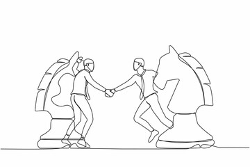 Poster - Continuous one line drawing businessman competitors standing on horse chess piece, handshaking after finish agreement. Negotiation strategy, win-win situation. Single line design vector illustration