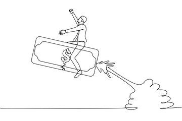 Poster - single continuous line drawing businessman riding banknote money rocket flying in the sky. investmen