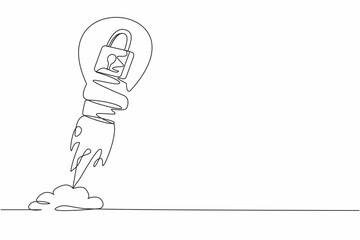 Aufkleber - Continuous one line drawing padlock launching with light bulb. Business protection in market competition. Leadership to launch security project concept. Single line design vector graphic illustration