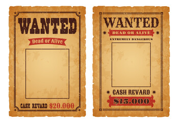 Western wanted, dead or alive vintage banner. Wild West criminal or outlaw wanted reward grunge vector poster. America Texas robber hunt vector paper banner with retro typography, old paper texture