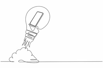 Poster - Continuous one line drawing of smartphone launching with light bulb. Successful business project start up, boost technology, innovation strategy release. Single line design vector graphic illustration