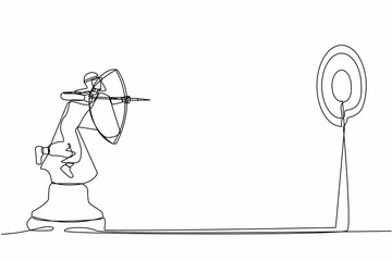Poster - Single continuous line drawing precise Arabian businessman holding archery and aiming target while riding horse chess piece. Strategic competition. Success worker. One line design vector illustration