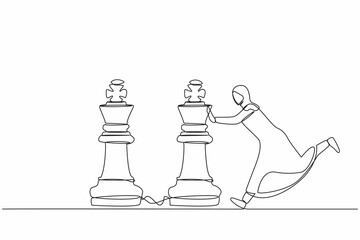 Poster - Continuous one line drawing active Arab businesswoman push huge king chess piece to beat another king. Business strategy, marketing plan, winning game play. Single line draw design vector illustration