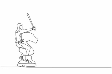 Poster - Continuous one line drawing competitive businesswoman riding big horse chess piece with sword. Business challenge for winning competition, achievement goal. Single line draw design vector illustration