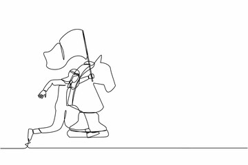 Poster - Single continuous line drawing happy Arabian businessman running and holding flag beside big horse chess piece. Business achievement goal, win competition. One line graphic design vector illustration