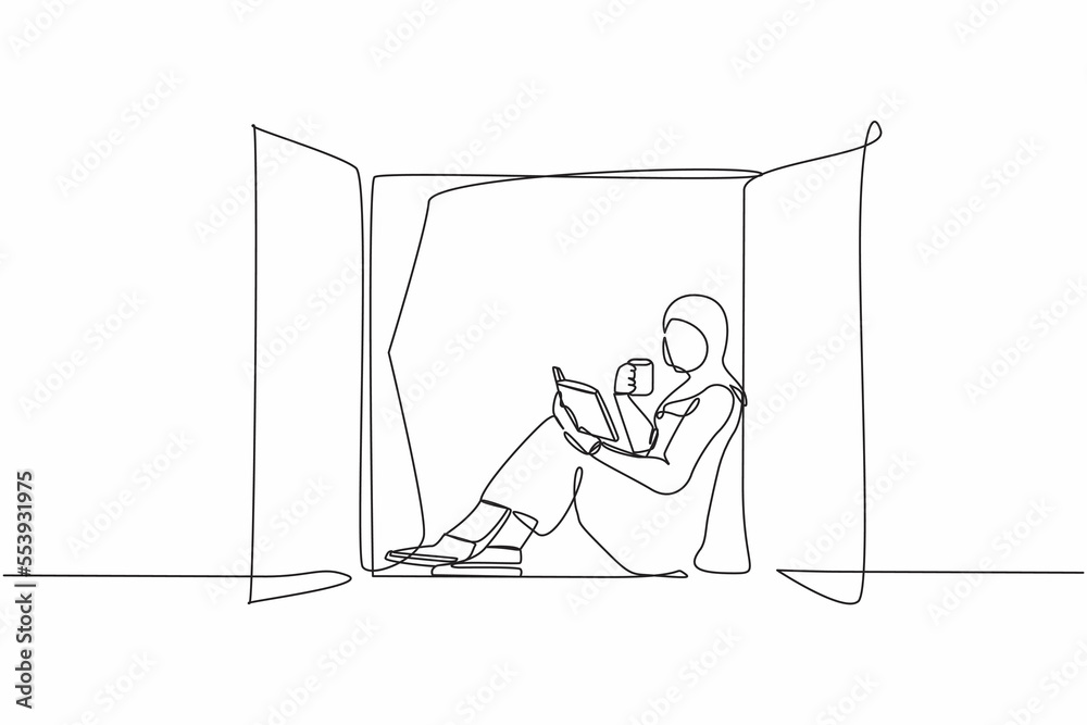 Continuous one line drawing Arabian woman on windowsill reading book ...