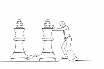Poster - Single continuous line drawing competitive businessman push huge king chess piece to beat another king. Business strategy and marketing plan concept. One line draw graphic design vector illustration