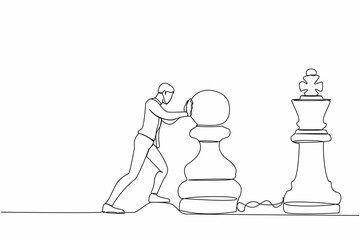 Poster - Continuous one line drawing intellect businessman push huge pawn chess piece to beat king. Strategic thinking and smart move in business play game. Single line draw design vector graphic illustration