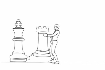 Poster - Single continuous line drawing businessman holding rook chess piece. Concept of strategic planning, business development strategy, tactics in entrepreneurship. One line draw design vector illustration