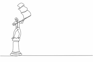 Poster - Single one line drawing businessman standing on top of big rook chess piece and waving a flag. Successful leadership. Strategy winning competition. Continuous line design graphic vector illustration