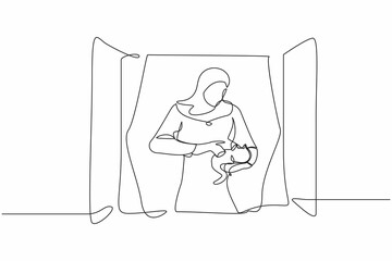 Poster - Single one line drawing Arab woman holding cat and looking through window. Stay home and play with her pet. Stay safe during pandemic. Coronavirus. Continuous line design graphic vector illustration