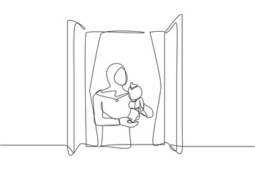 Poster - Single continuous line drawing Arab female holding newborn baby near window. Child lies on in mom's arms. Woman taking care of kid. Mother on maternity leave. One line draw design vector illustration