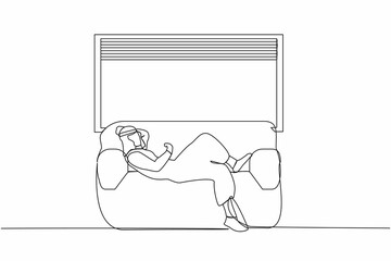 Poster - Single one line drawing young Arab man lying on sofa near windowsill at home. Male resting in couch near window. Spending time, relaxing after work. Continuous line graphic design vector illustration