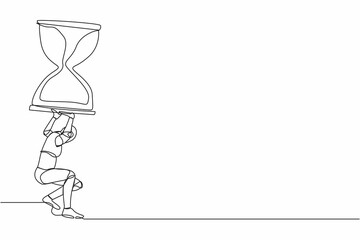 Poster - single continuous line drawing of tired robot carrying heavy hourglass on his back. robot with deadl