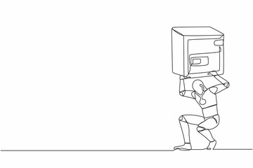 Poster - Continuous one line drawing tired robot carrying heavy safe deposit box on his back. Impact in pandemic crisis, bankruptcy at tech industry. Robotic development. Single line design vector illustration