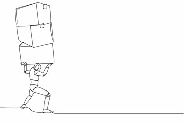 Poster - Single continuous line drawing of tired robot carrying heavy pile of box on his back. Overworked cyborg with stack of cardboard. Humanoid robot cybernetic organism. One line design vector illustration
