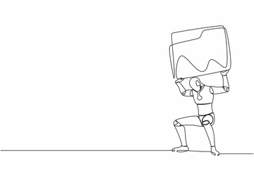 Fototapete - Single one line drawing tired robot carrying heavy folder icon on his back. Frustrated cyborg due to overload of work. Robotic artificial intelligence. Continuous line draw design vector illustration