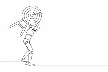 Poster - Single one line drawing tired robot carrying heavy target on his back. Exhausted to achieve, win business competition. Future technology development. Continuous line graphic design vector illustration