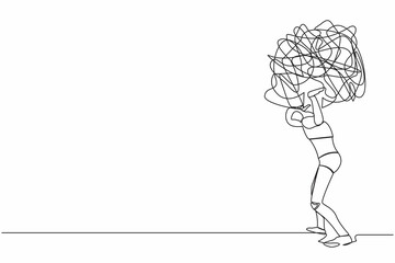 Poster - Single continuous line drawing tired robot carrying heavy messy line on his back. Anxiety from work, overload, economic crisis problem. Technology development. One line draw design vector illustration