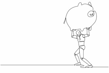Poster - Continuous one line drawing tired robot carrying heavy piggy bank on his back. Broke and financial problems in tech industry. Future robotic development. Single line design vector graphic illustration