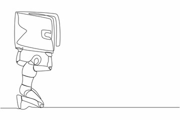 Poster - Single continuous line drawing tired robot carrying heavy wallet on his back. Financial economic crisis at tech industry. Artificial intelligence machine learning. One line design vector illustration