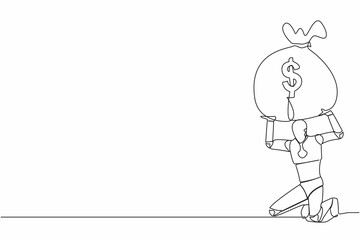 Poster - Continuous one line drawing tired robot carrying heavy money bag on his back. Finance crisis money fall down. Economic crash due to pandemic. Future technology. Single line design vector illustration