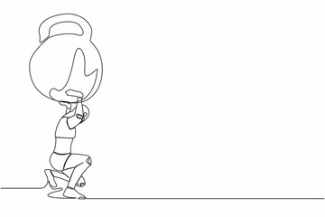 Poster - Single continuous line drawing tired robot carrying heavy kettlebell on his back. Financial crisis and credit payment. Technology artificial intelligence. One line graphic design vector illustration