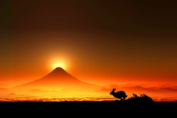 Wall Mural - 富士山の日の出とウサギ