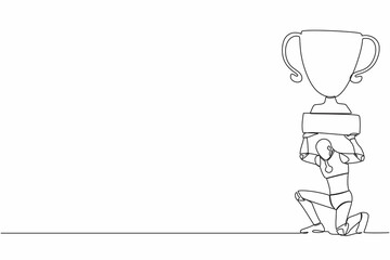 Poster - Continuous one line drawing tired robot carrying heavy trophy on his back. Robot fail to achieve goals. Delayed operation at factory. Future robotic development. Single line design vector illustration