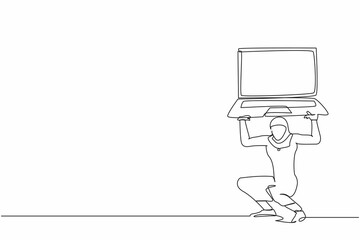 Poster - Continuous one line drawing Arabian businesswoman carrying heavy laptop computer on her back. Tired or burnout employee fatigue from work. Boring office worker. Single line design vector illustration
