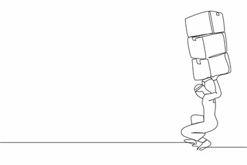 Poster - Single continuous line drawing Arabian businessman carrying heavy pile of boxes on his back. Stress at work. Bureaucracy, paperwork, big data concept. One line draw graphic design vector illustration