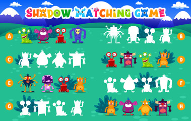 Aufkleber - Shadow match game monster characters. Find the correct shade of cartoon alien or mutant personage. Kids matching worksheet, educational riddle for logical mind and brain development for children
