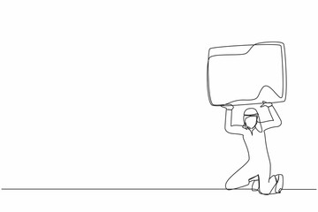 Poster - Single one line drawing Arab businessman carrying folder icon on his back. Stressed worker due to overwhelming flow of work. Despair, exhausted, frustration. Continuous line design vector illustration