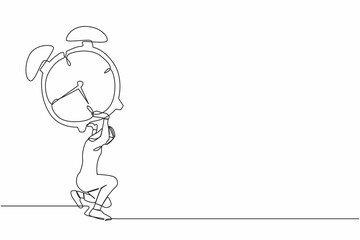 Poster - Continuous one line drawing Arabian businessman carrying heavy alarm clock on his back. Tired worker with work pressure or business project target. Single line draw design vector graphic illustration