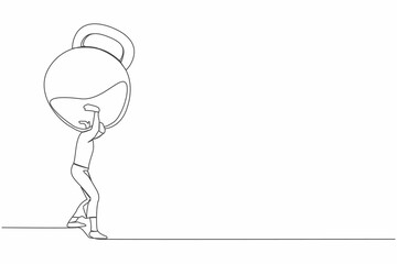 Poster - Single continuous line drawing frustrated businesswoman carrying kettlebell on her back. Financial crisis and credit payment. Mental stress, bankruptcy, debt. One line draw design vector illustration