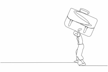 Poster - Continuous one line drawing of frustrated businesswoman carrying heavy briefcase on her back. Over work load. Pressure from too much responsibility. Single line draw design vector graphic illustration