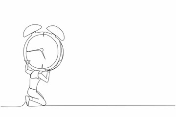 Poster - Single continuous line drawing frustrated businesswoman carrying heavy alarm clock on her back. Stressed employee with work pressure or business goal project. One line draw design vector illustration