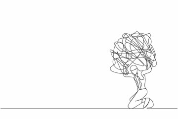 Poster - Single one line drawing frustrated businesswoman carrying heavy messy line on her back. Anxiety from work difficulty, overload, economic crisis problem. Continuous line draw design vector illustration